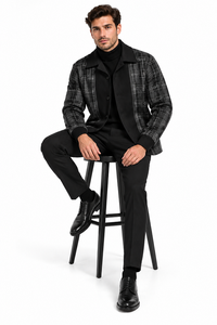 Mens Black Plaid Panel Walking Suit – Long Sleeve Shirt & Matching Pants Set
