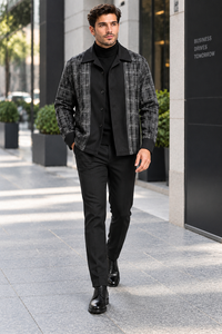 Mens Black Plaid Panel Walking Suit – Long Sleeve Shirt & Matching Pants Set