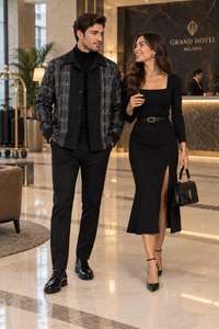 Mens Black Plaid Panel Walking Suit – Long Sleeve Shirt & Matching Pants Set