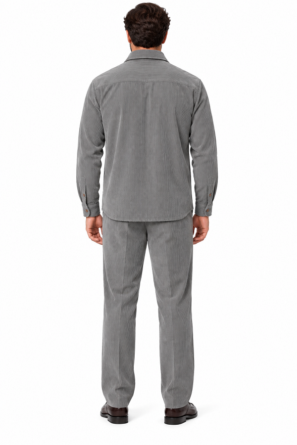Mens Slate Grey Corduroy Luxe Walking Suit – Textured Overshirt & Matching Pants Set