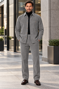 Mens Slate Grey Corduroy Luxe Walking Suit – Textured Overshirt & Matching Pants Set