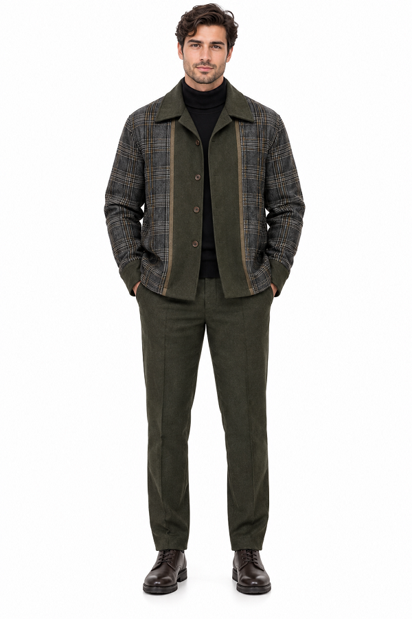 Mens Olive Drab Plaid Panel Walking Suit – Long Sleeve Shirt & Matching Pants Set