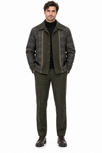 Mens Olive Drab Plaid Panel Walking Suit – Long Sleeve Shirt & Matching Pants Set