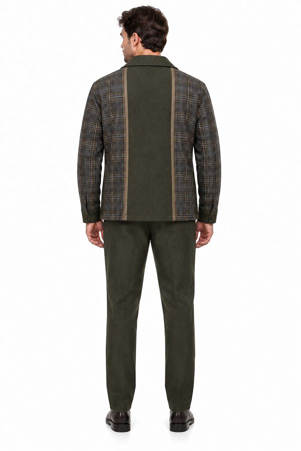 Mens Olive Drab Plaid Panel Walking Suit – Long Sleeve Shirt & Matching Pants Set