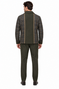 Mens Olive Drab Plaid Panel Walking Suit – Long Sleeve Shirt & Matching Pants Set
