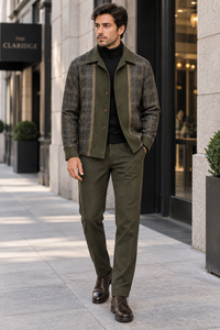 Mens Olive Drab Plaid Panel Walking Suit – Long Sleeve Shirt & Matching Pants Set