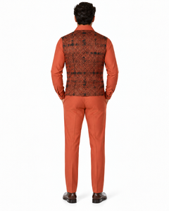 Mens Rust Geo-Elegance Walking Suit – Patterned Long Sleeve Shirt & Matching Pants Set