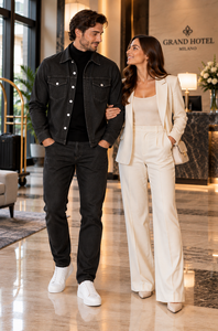 Mens Charcoal Black Denim Heritage Walking Suit – Contrast Stitch Shirt Jacket & Matching Pants