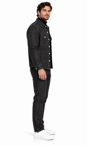 Mens Charcoal Black Denim Heritage Walking Suit – Contrast Stitch Shirt Jacket & Matching Pants