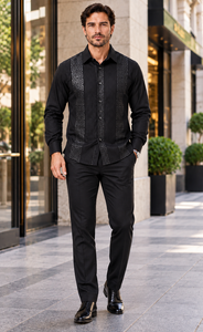 Mens Midnight Black Prestige Walking Suit – Tonal Greek Key Shirt & Matching Pants