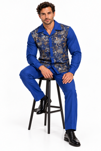 Mens Royal Blue Paisley Prestige Walking Suit – Patterned Shirt & Matching Pants