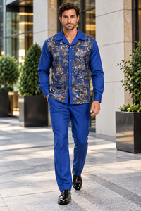 Mens Royal Blue Paisley Prestige Walking Suit – Patterned Shirt & Matching Pants