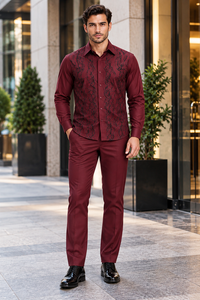 Mens Burgundy Shadow Vine Walking Suit – Statement Shirt & Matching Pants