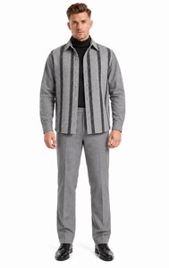 Mens Heather Grey Striped Walking Suit – Long-Sleeve Shirt & Matching Pants