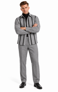 Mens Heather Grey Striped Walking Suit – Long-Sleeve Shirt & Matching Pants