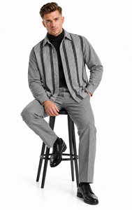 Mens Heather Grey Striped Walking Suit – Long-Sleeve Shirt & Matching Pants