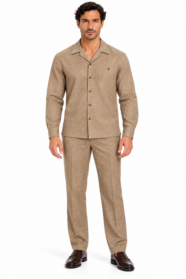 Mens Heather Luggage Casual Dressy Walking Suit – Long-Sleeve Shirt & Matching Pants