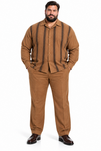 Mens Luggage Brown Embroidered Walking Suit – Long-Sleeve Shirt & Matching Pants