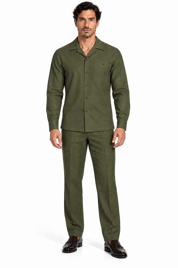 Mens Olive Drab (OD) Casual Dressy Walking Suit – Long-Sleeve Shirt & Matching Pants