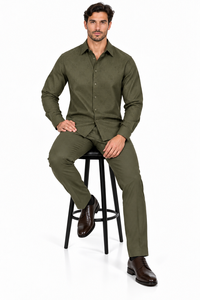 Mens Olive Heritage Walking Suit – Tonal Pattern Shirt & Matching Pants Set