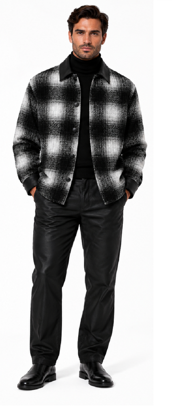 Mens Black & Ivory Shadow Plaid Walking Suit – Statement Shirt Jacket & Coordinating Pants