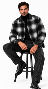 Mens Black & Ivory Shadow Plaid Walking Suit – Statement Shirt Jacket & Coordinating Pants