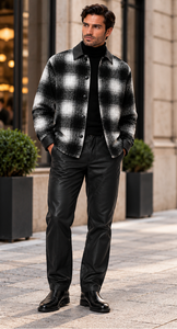 Mens Black & Ivory Shadow Plaid Walking Suit – Statement Shirt Jacket & Coordinating Pants