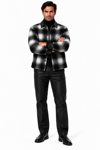 Mens Black & Ivory Shadow Plaid Walking Suit – Statement Shirt Jacket & Coordinating Pants