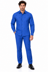 Mens Royal Blue Textured Walking Suit – Long Sleeve Shirt & Matching Pants Set