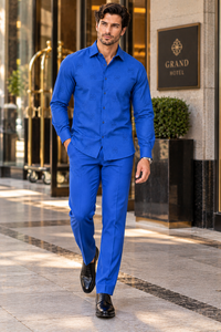 Mens Royal Blue Textured Walking Suit – Long Sleeve Shirt & Matching Pants Set