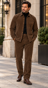 Mens Espresso Brown Corduroy Reserve Walking Suit – Textured Overshirt & Matching Pants