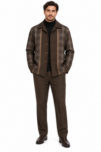 Mens Brown Plaid Panel Walking Suit – Long Sleeve Shirt & Matching Pants Set