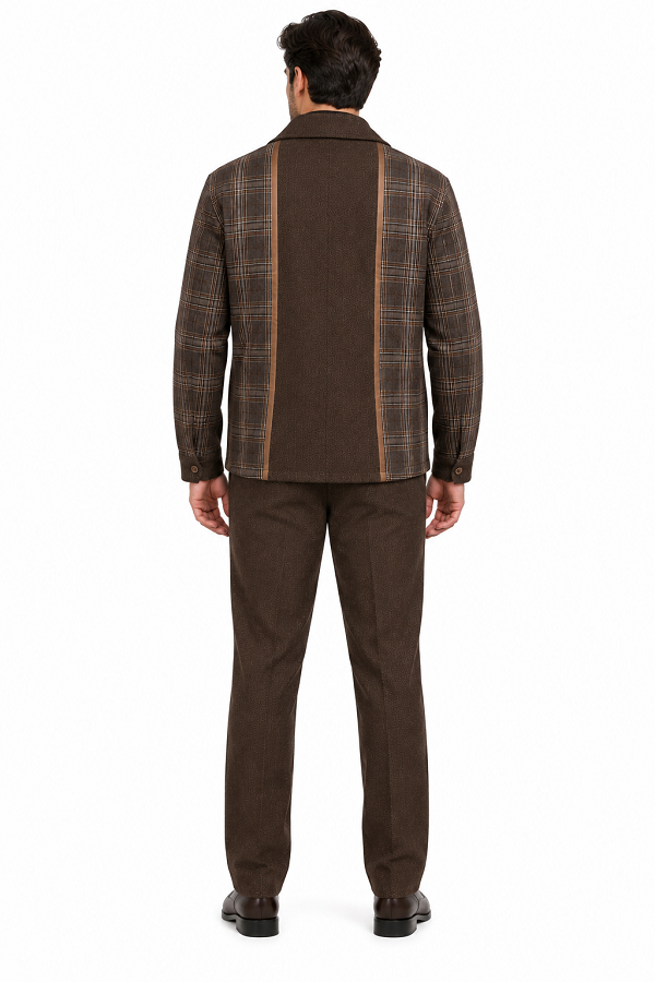 Mens Brown Plaid Panel Walking Suit – Long Sleeve Shirt & Matching Pants Set