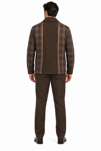Mens Brown Plaid Panel Walking Suit – Long Sleeve Shirt & Matching Pants Set