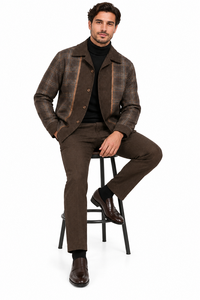 Mens Brown Plaid Panel Walking Suit – Long Sleeve Shirt & Matching Pants Set