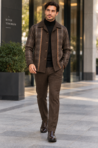 Mens Brown Plaid Panel Walking Suit – Long Sleeve Shirt & Matching Pants Set