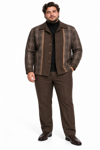 Mens Brown Plaid Panel Walking Suit – Long Sleeve Shirt & Matching Pants Set