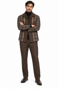 Mens Brown Plaid Panel Walking Suit – Long Sleeve Shirt & Matching Pants Set