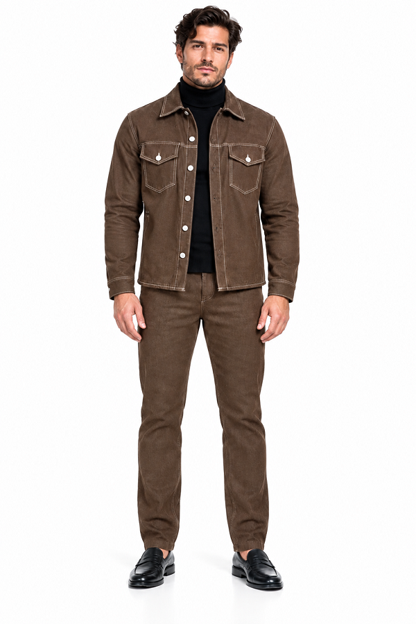 Mens Espresso Brown Heritage Walking Suit – Contrast Stitch Jacket & Matching Pants