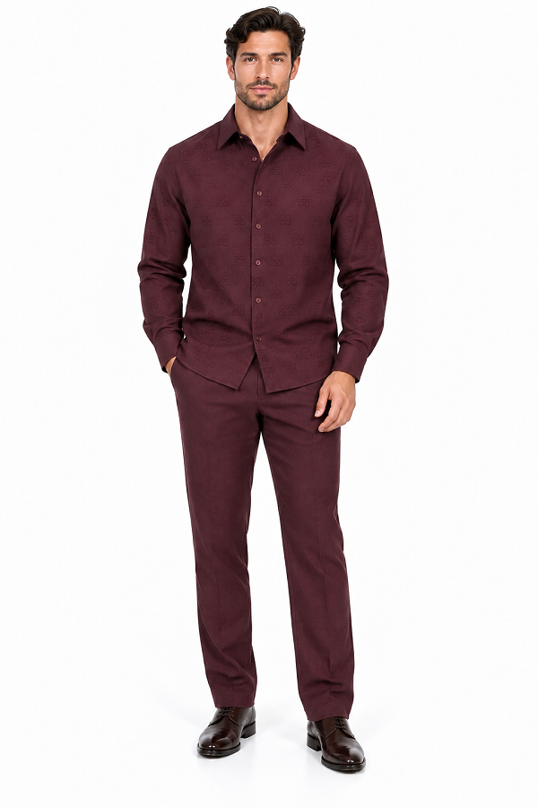 Mens Burgundy Signature Jacquard Walking Suit – Refined Shirt & Matching Pants Set
