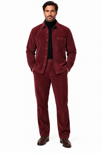 Mens Merlot Burgundy Corduroy Prestige Walking Suit – Textured Overshirt & Matching Pants