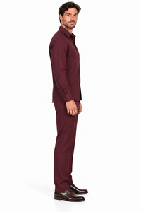 Mens Burgundy Signature Jacquard Walking Suit – Refined Shirt & Matching Pants Set