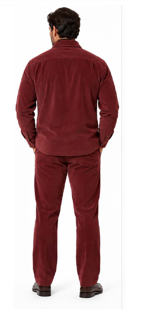 Mens Merlot Burgundy Corduroy Prestige Walking Suit – Textured Overshirt & Matching Pants