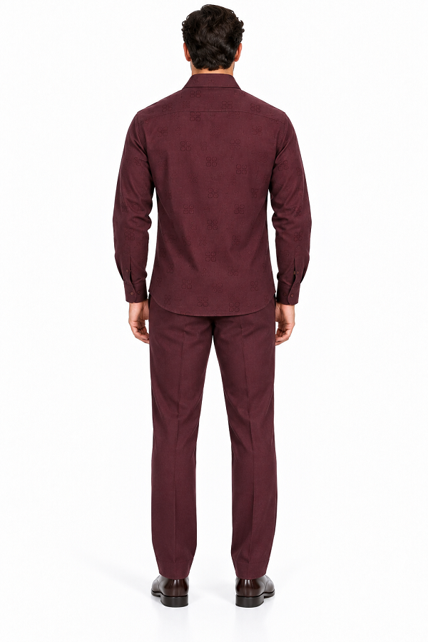 Mens Burgundy Signature Jacquard Walking Suit – Refined Shirt & Matching Pants Set
