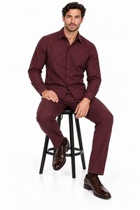 Mens Burgundy Signature Jacquard Walking Suit – Refined Shirt & Matching Pants Set