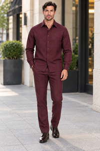 Mens Burgundy Signature Jacquard Walking Suit – Refined Shirt & Matching Pants Set