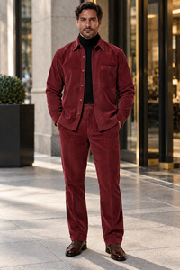 Mens Merlot Burgundy Corduroy Prestige Walking Suit – Textured Overshirt & Matching Pants