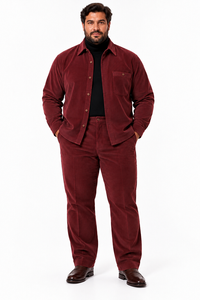 Mens Merlot Burgundy Corduroy Prestige Walking Suit – Textured Overshirt & Matching Pants