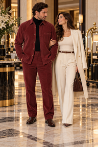 Mens Merlot Burgundy Corduroy Prestige Walking Suit – Textured Overshirt & Matching Pants