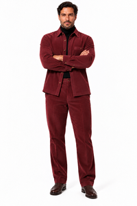Mens Merlot Burgundy Corduroy Prestige Walking Suit – Textured Overshirt & Matching Pants